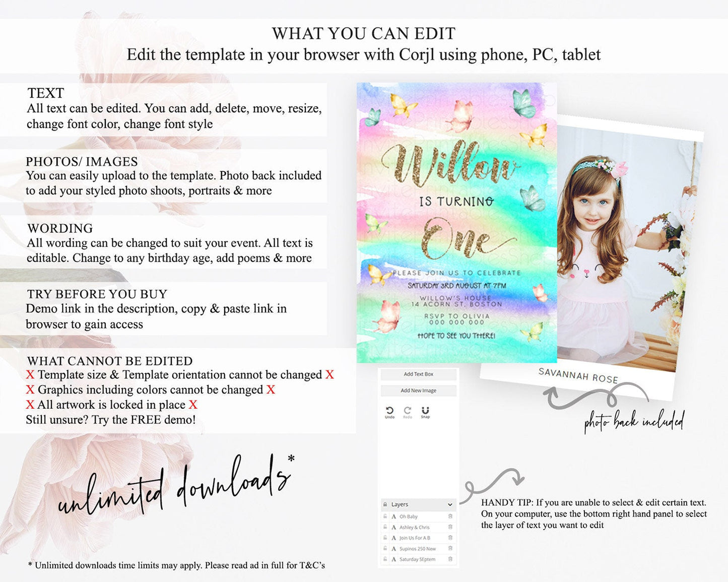 Pastel Butterfly Birthday Invitation Butterfly Birthday Invitation Colorful Splash Glitter Butterfly Garden 1st 2nd Birthday D23214