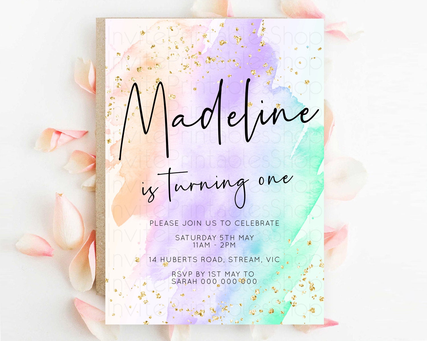 Editable Rainbow Birthday Invitation Colorful Pastel Watercolor Invitation G