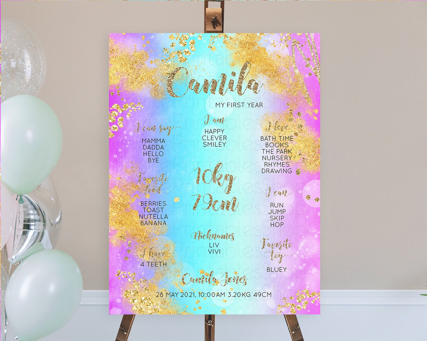 Pastel First Birthday Milestone Board Pastel Rainbow Milestone Poster Colorful Confetti Watercolor Glitter 1st Birthday Welcome Sign D10564