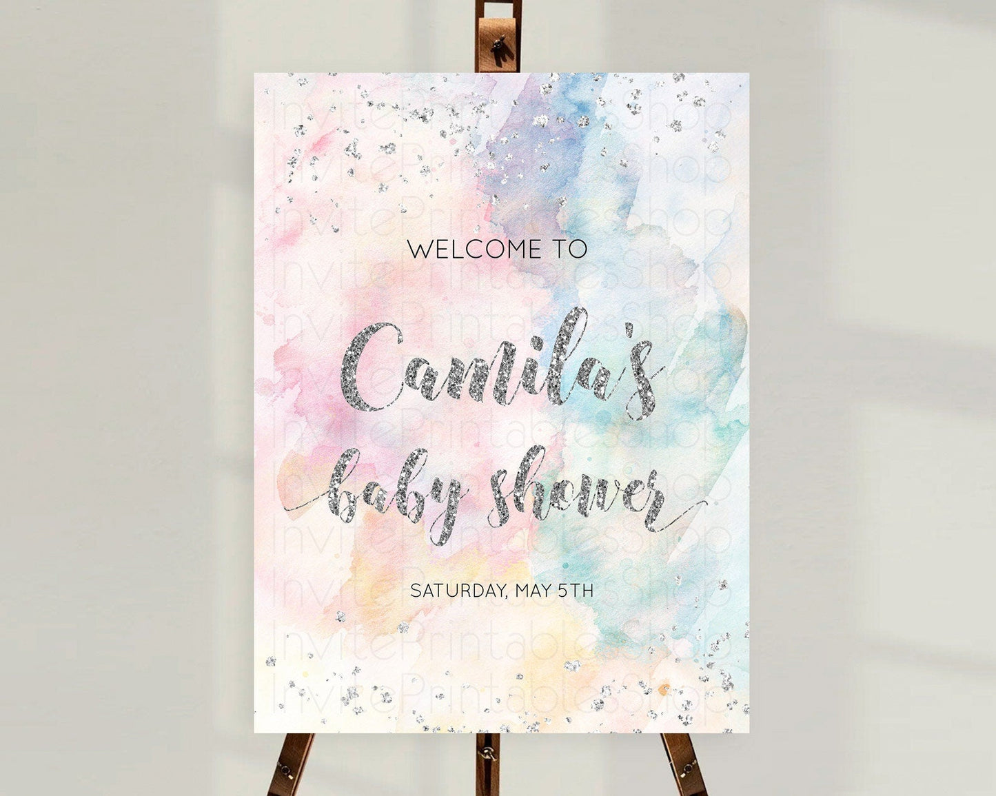 Pastel Rainbow Baby Shower Welcome Sign Pastel Welcome Board Pastel Colorful Party Poster Confetti Watercolor Silver Welcome Sign D10944