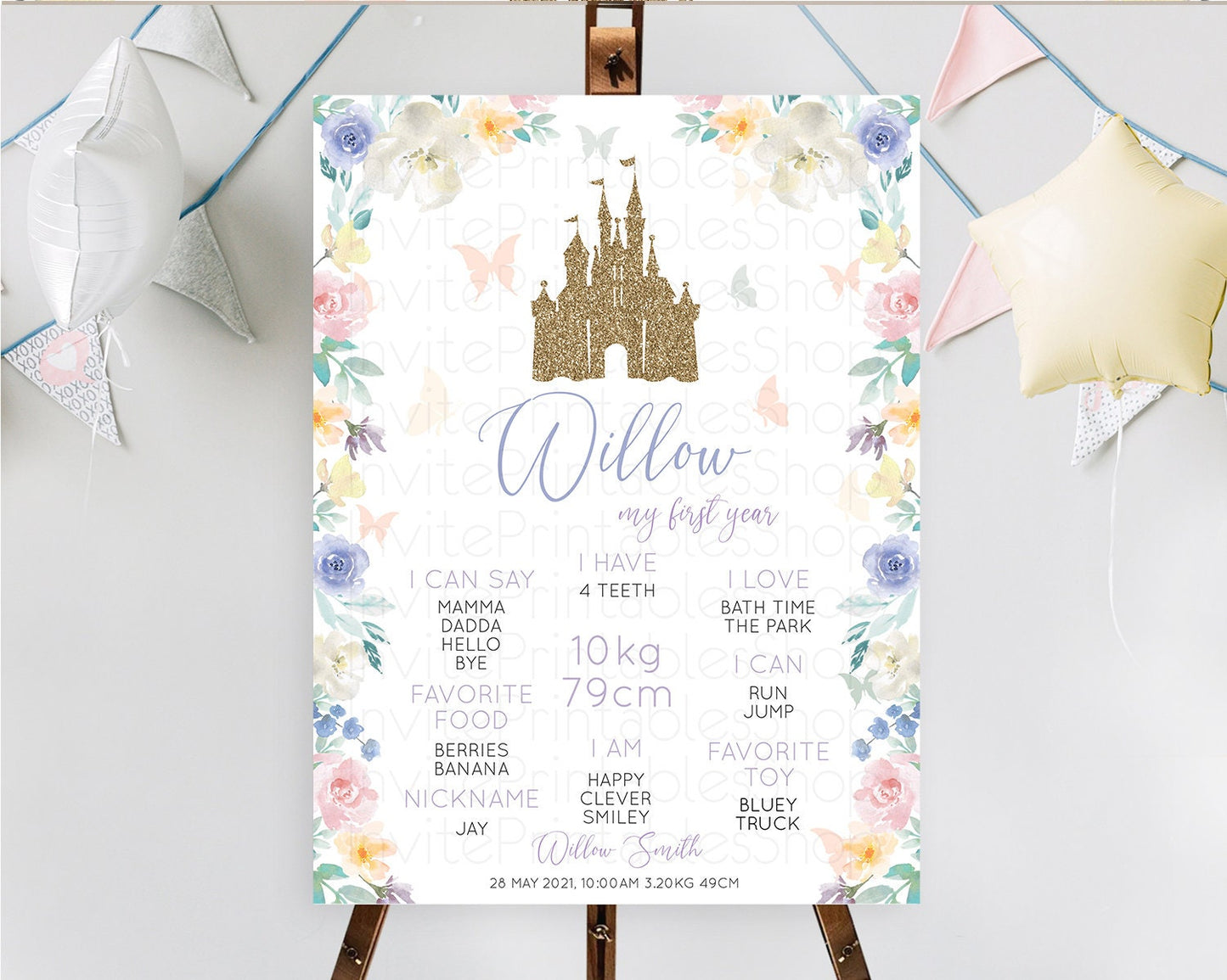 Princess First Birthday Milestone Poster Castle Milestone Board Secret Garden Enchanted Castle Pastel Floral Garden First Birthday D10931