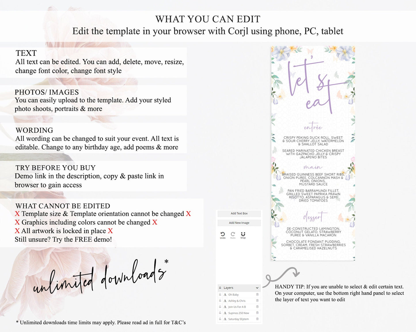 Secret Garden Menu Wildflower Menu Template Pastel Flower Garden Table Decor Boho Floral Dinner Dessert Floral Party Food Menu D10472