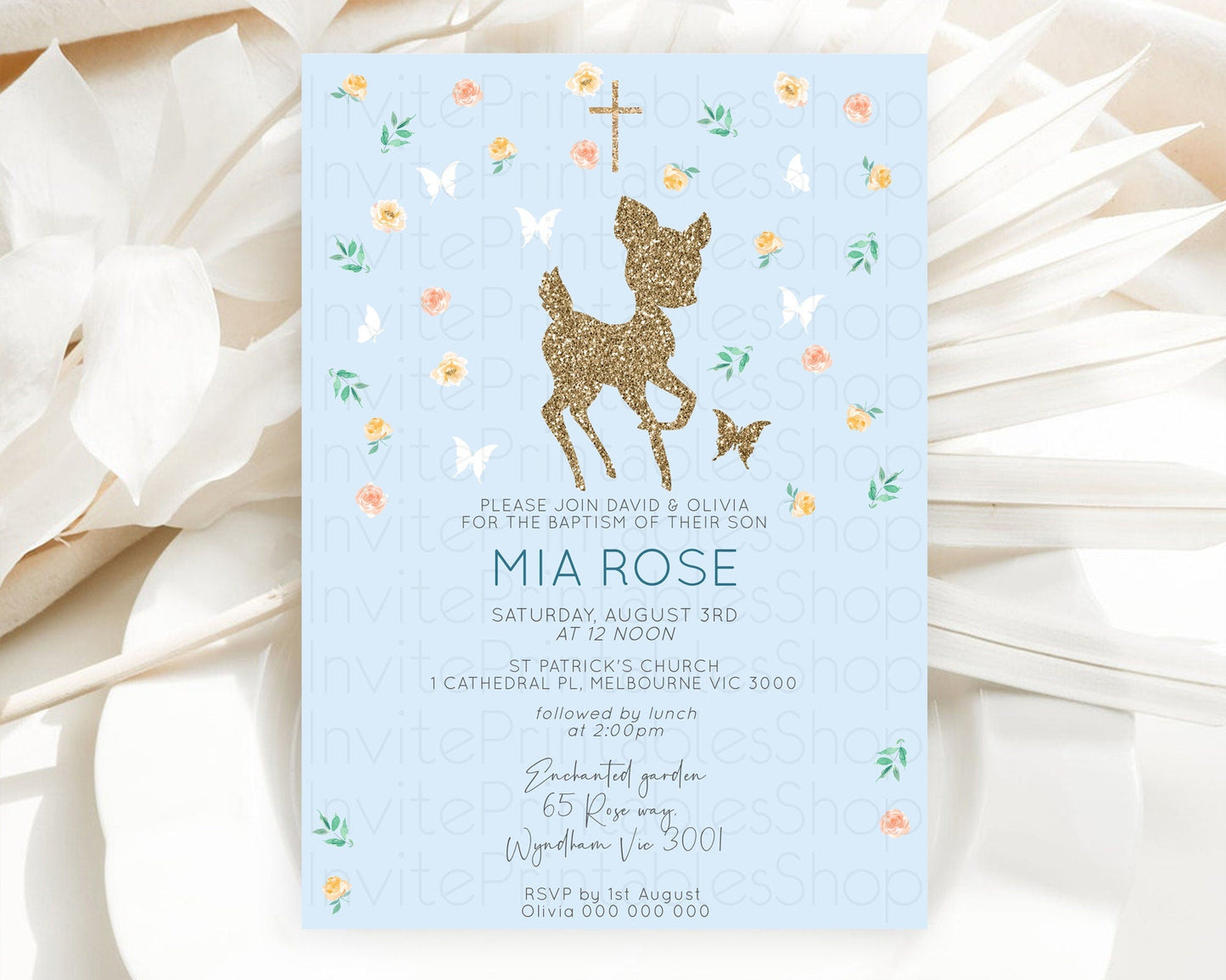 Fawn Baptism Invitation Deer Baptism 1st Birthday Invitation Enchanted Forest Christening Invitation Pastel Garden Butterfly Floral D10902