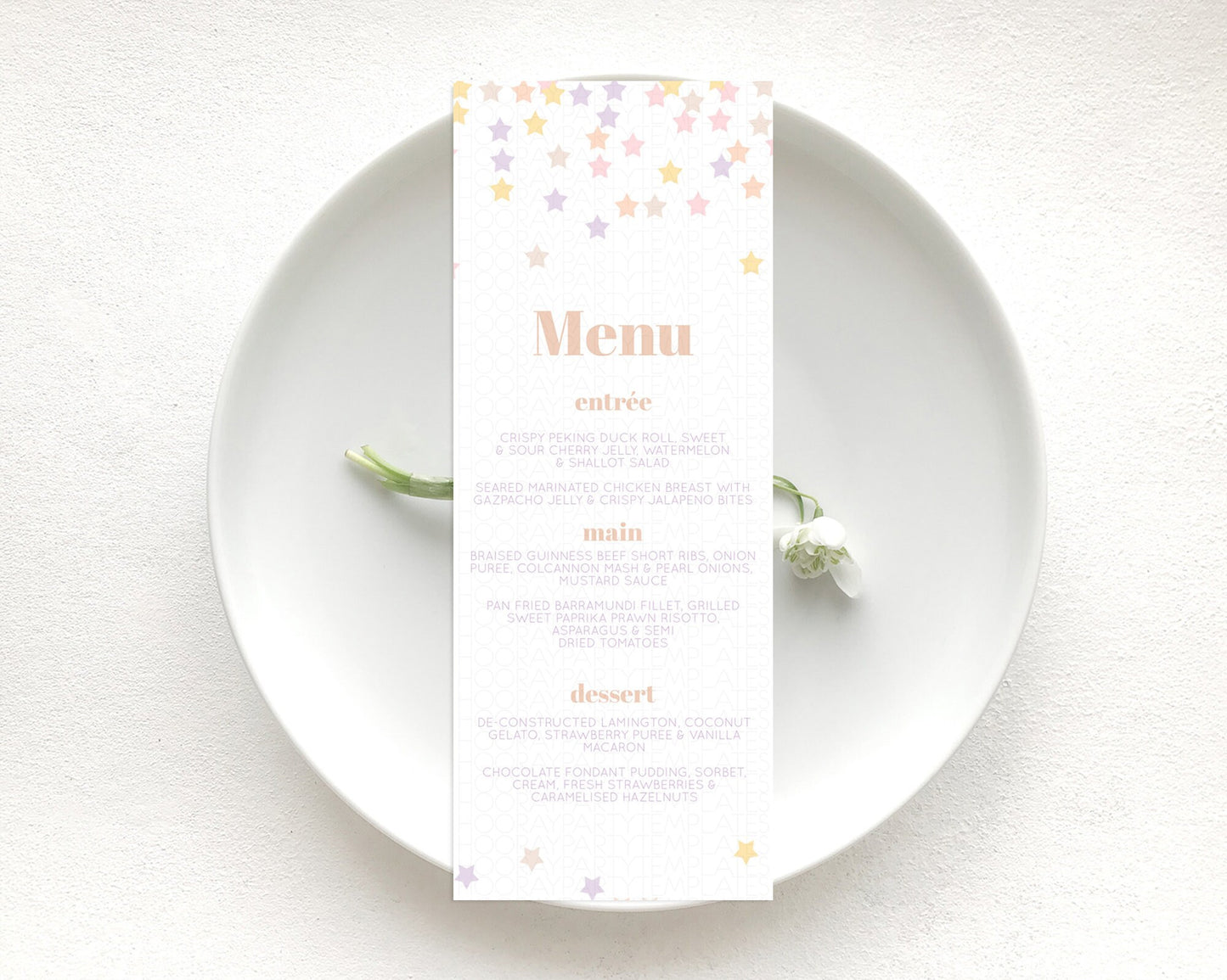 Star Menu Template Pastel Stars Menu Shooting Star Twinkle Little Star Decor Rainbow Colorful Confetti Dinner Dessert Food Menu D10810