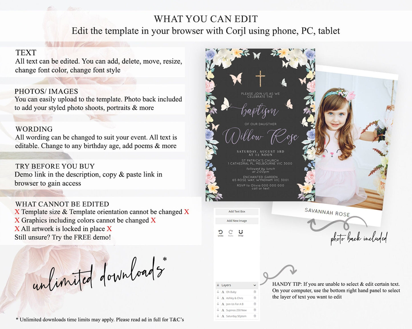 Secret Garden Baptism Invitation Wildflower Baptism Birthday Invite Pastel Flowers Christening Invite Enchanted Garden Boho Floral D10322
