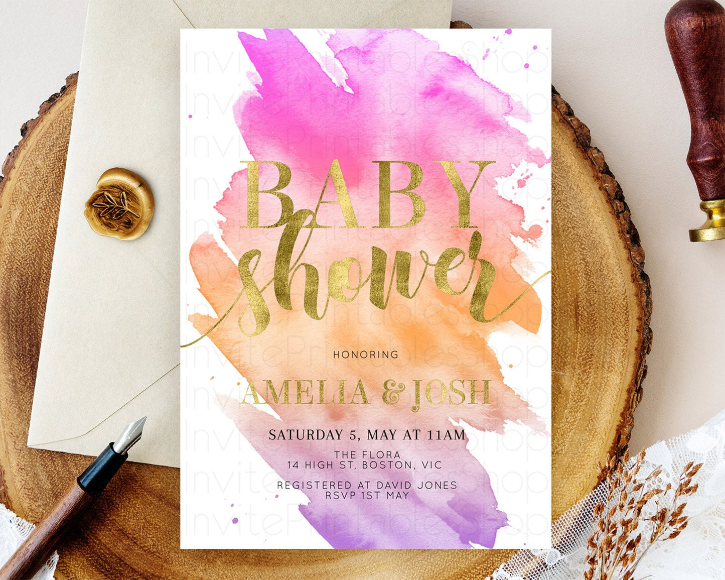 Pastel Baby Shower Invitation Rainbow Baby Shower Invitation Colorful Pastel Watercolor Invitation Gold Glitter Sprinkles Ombre D10488