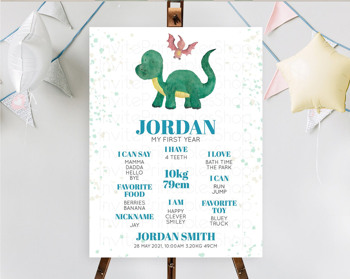 Dinosaur First Birthday Milestone Board Dinosaur Volcano Milestone Poster Watercolor Volcano T-Rex Raptor Jurassic 1st Birthday Sign D10153