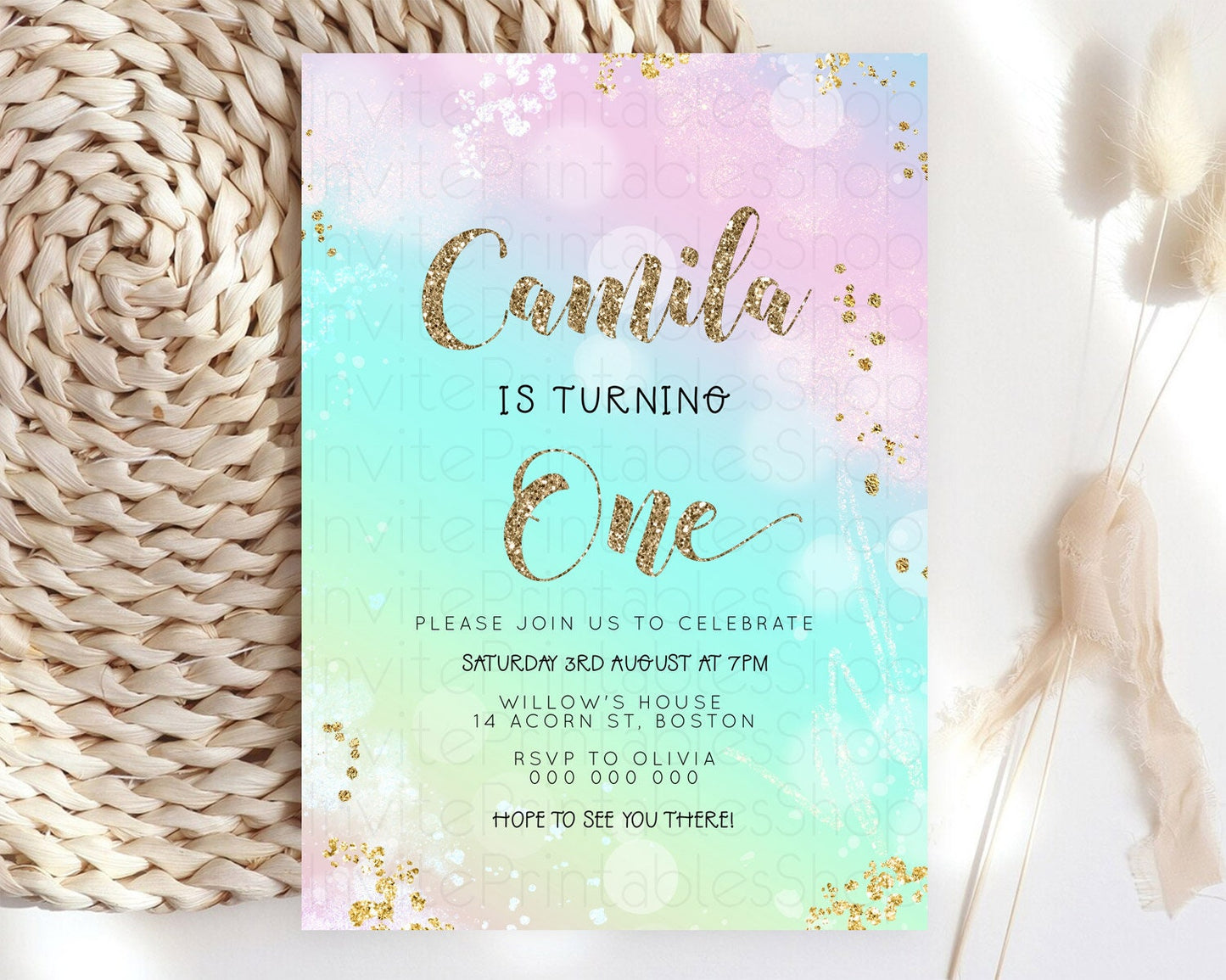 Rainbow Birthday Invitation Colorful Pastel Watercolor Invitation Gold Glitter Sprinkles Ombre Pastel 1st 2nd 3rd Birthday D23115