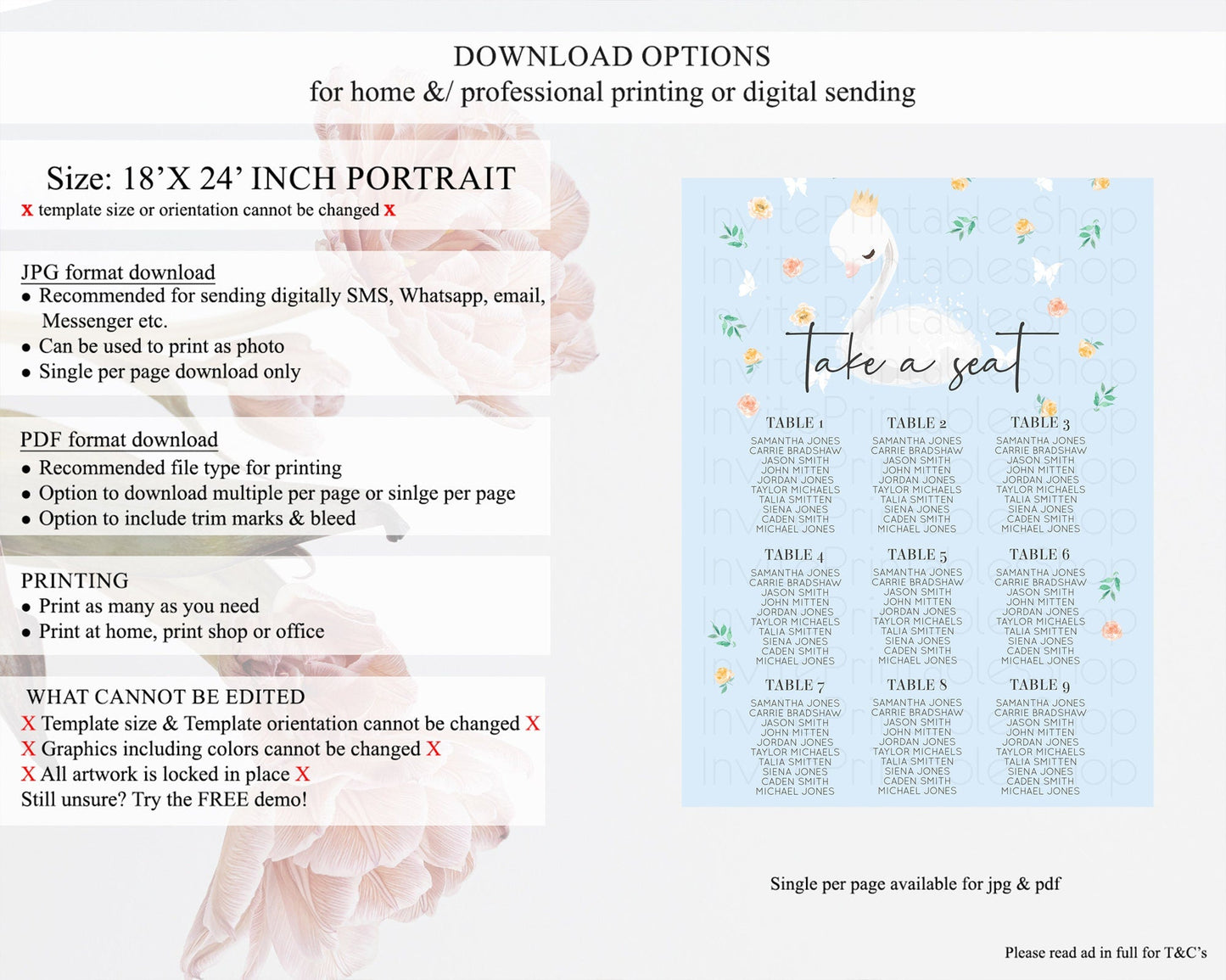 Swan Seating Chart Swan Princess Ballet Seating Sign Watercolour Pastel Floral Enchanted Forest Swan Lake Party Decor Secret Garden D10903
