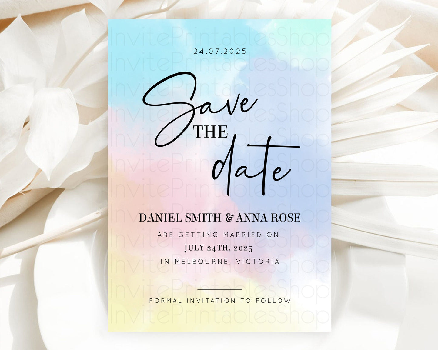 Pastel Save The Date Template Pastel Ombre Rainbow Watercolor Colorful Party For Birthday Baptism Baby Shower Wedding Bridal Shower D10373