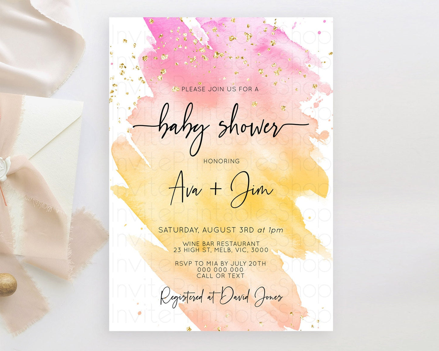 Pastel Baby Shower Invitation Rainbow Baby Shower Invitation Colorful Pastel Watercolor Invitation Gold Glitter Sprinkles Ombre D10527