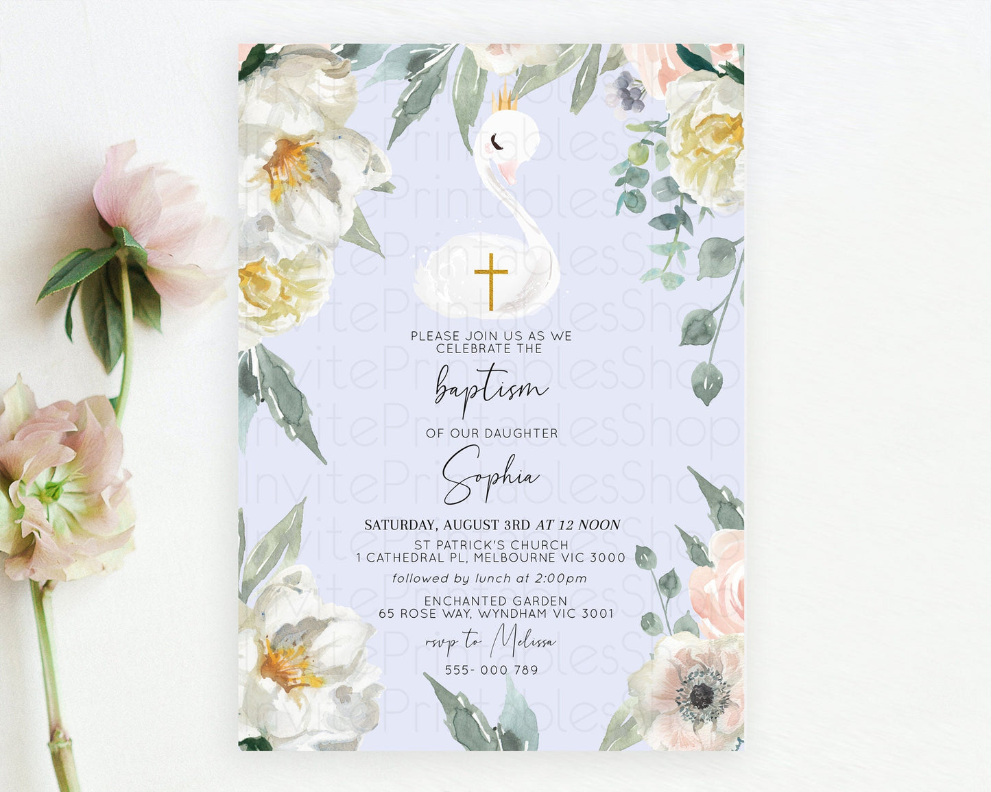 Swan Lake Baptism Invitation Swan Princess Ballet Baptism 1st Birthday Enchanted Forest Secret Garden Watercolour Pastel Floral D10756