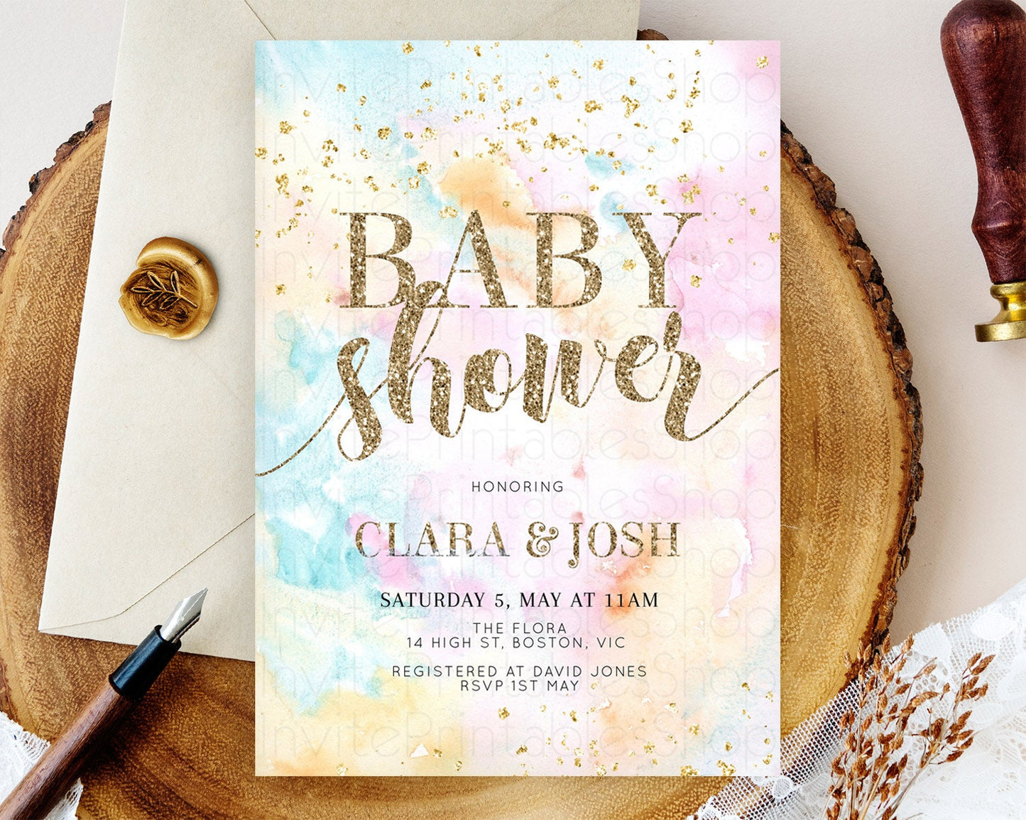 Pastel Baby Shower Invitation Rainbow Baby Shower Invitation Colorful Pastel Watercolor Invitation Gold Glitter Sprinkles Ombre D10548