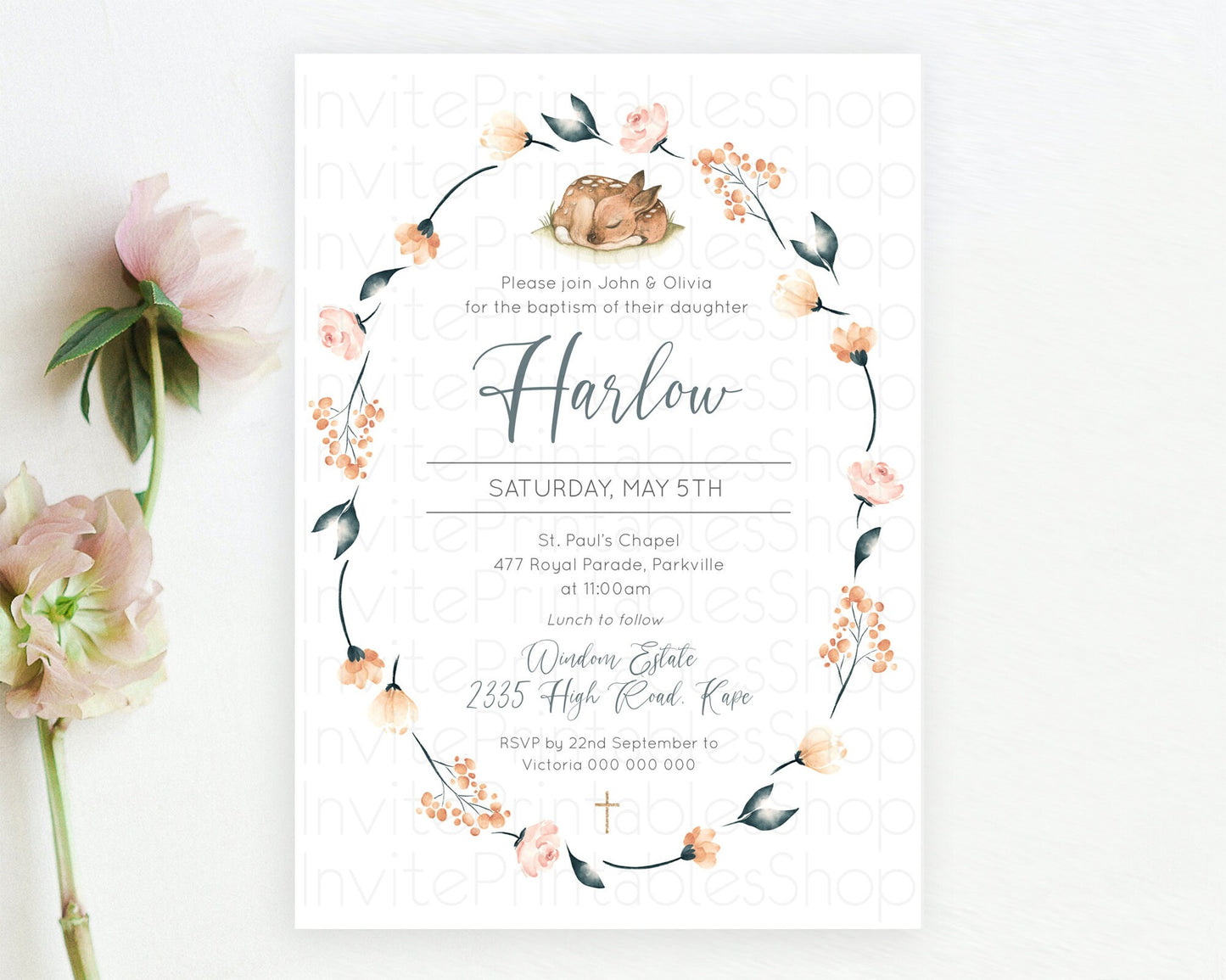 Fawn Baptism Invitation Deer Baptism 1st Birthday Invitation Enchanted Forest Christening Invitation Pastel Garden Butterfly Floral D10790