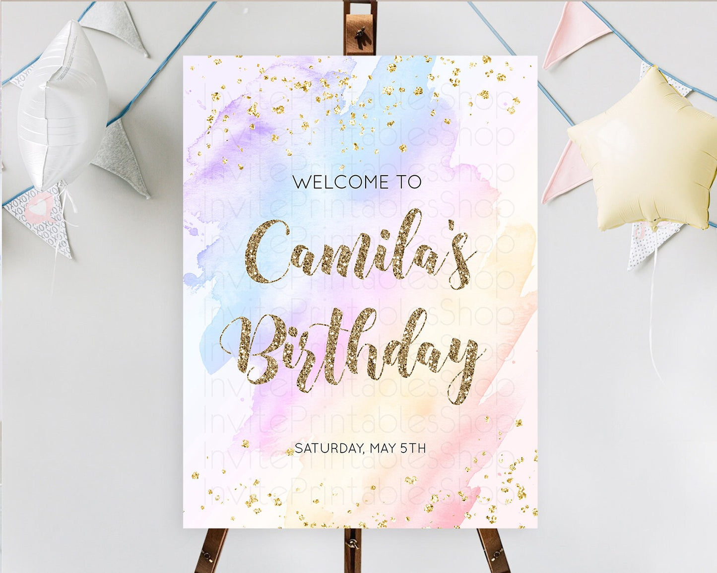 Pastel Welcome Sign Pastel Rainbow Welcome Sign Colorful Rainbow Confetti Watercolor Glitter Pastel First Birthday Welcome Sign D10633