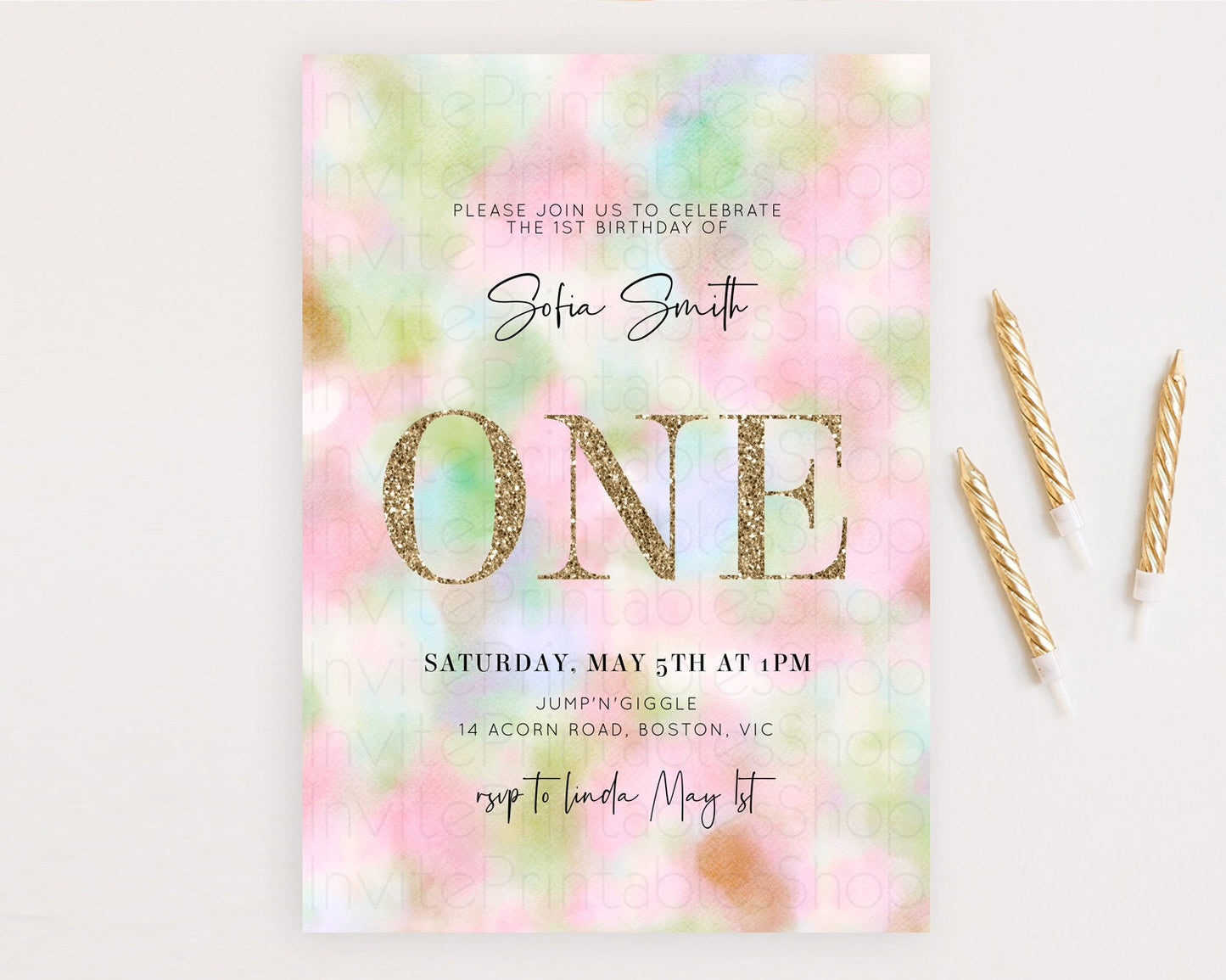 Rainbow Birthday Invitation Colorful Pastel Watercolor Invitation Gold Glitter Sprinkles Ombre Pastel 1st 2nd 3rd Birthday D10698