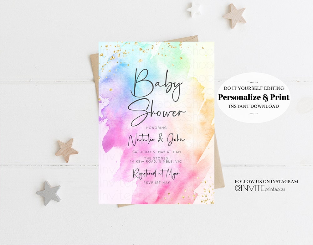 Rainbow Baby Shower Invitation Ombre Pastel Invitation Colorful Watercolor Splash Invite Gold Glitter Sprinkles Invite Blue Green Pink 504