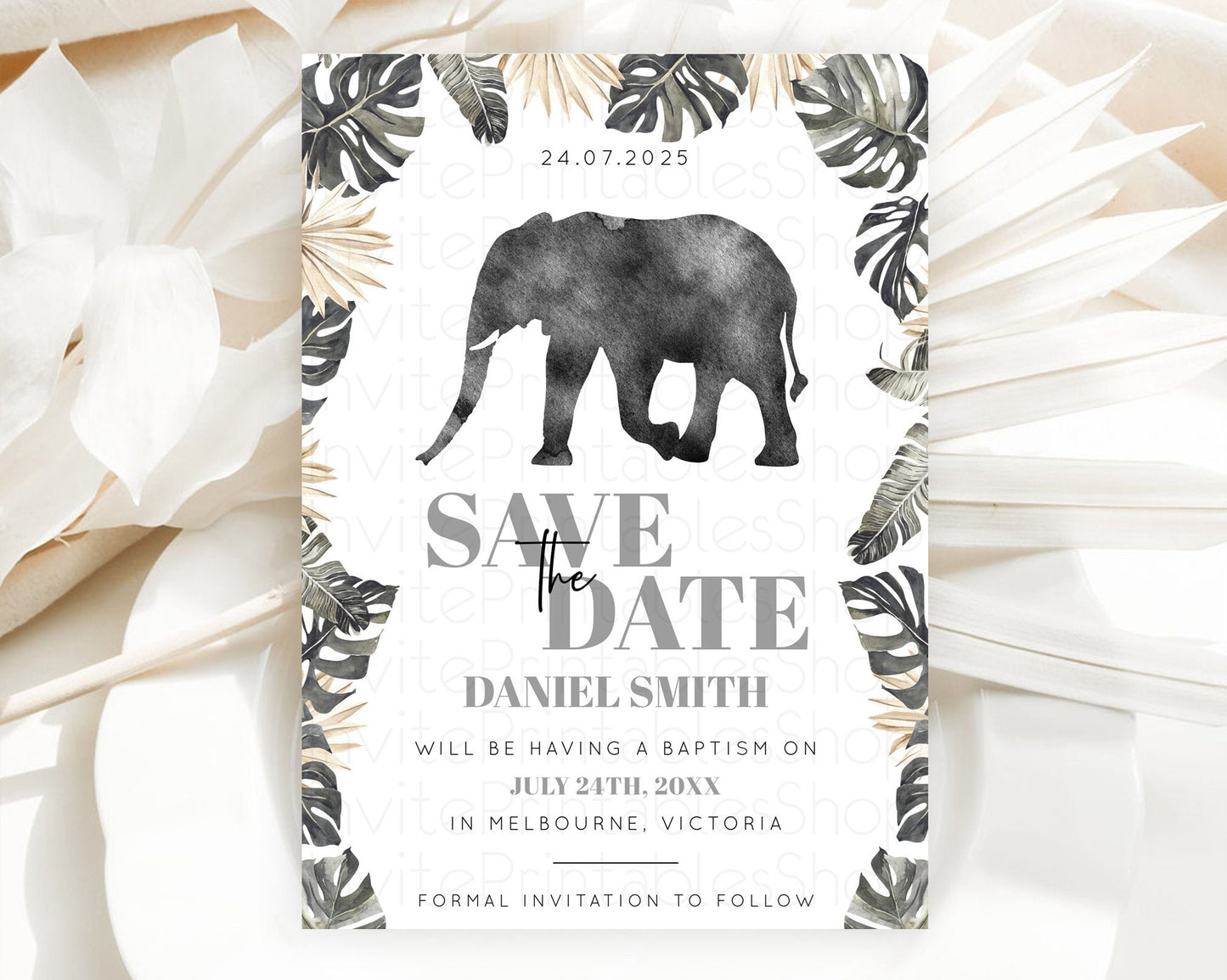 Elephant Save The Date Template Elephant Safari Adventure Party Dried Palm Fern Zoo 1st Birthday Baptism Baby Shower Bridal Shower D10803