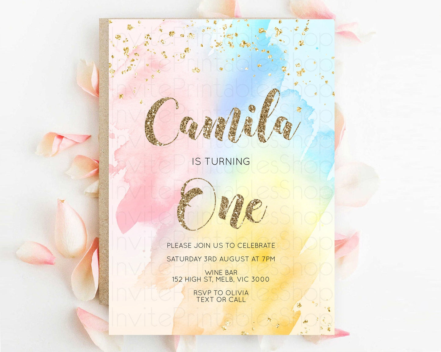 Rainbow Birthday Invitation Colorful Pastel Watercolor Invitation Gold Glitter Sprinkles Ombre Pastel 1st 2nd 3rd Birthday D10556