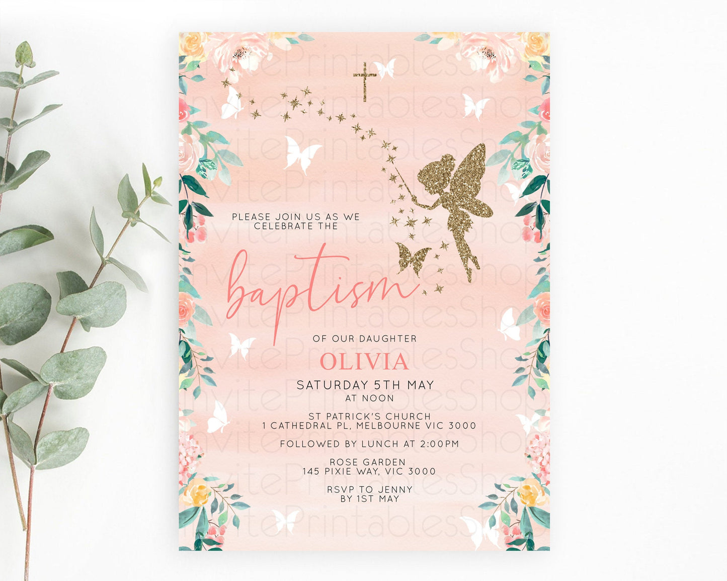 Fairy Baptism Invitation Fairy Baptism 1st Birthday Invitation Enchanted Secret Garden Christening Invite Pastel Floral Butterfly D10792