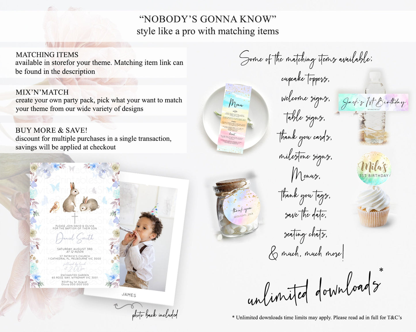 Bunny Baptism Invitation Floral Bunny Baptism 1st Birthday Invitation Pastel Bunny Christening Invite Watercolor Forest Bunny Party  D10927