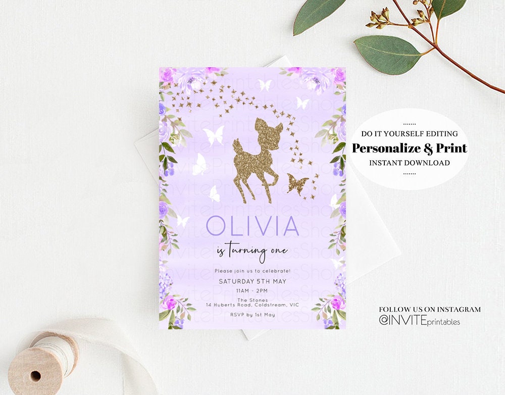 Fawn Birthday Invite Deer Birthday Invite Deer Invite Purple Fawn Party Invite Pastel Floral Invite Glitter Invite Garden Party Invite
