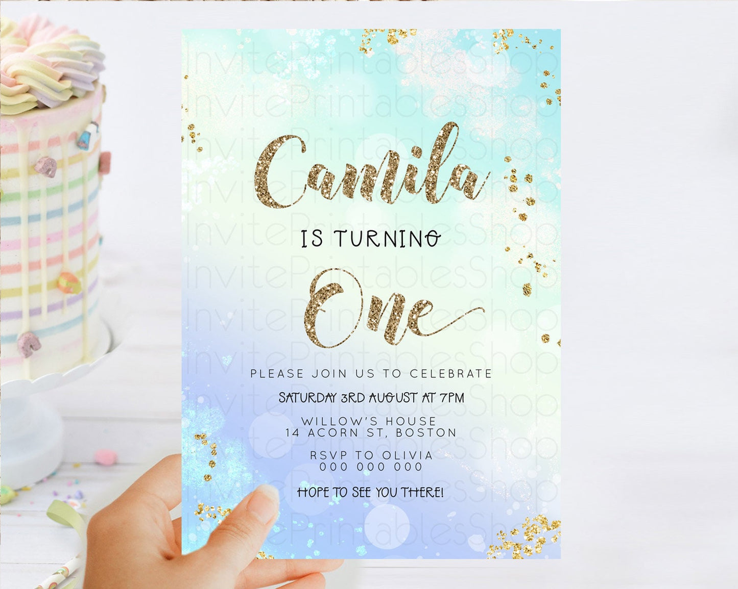 Rainbow Birthday Invitation Colorful Pastel Watercolor Invitation Gold Glitter Sprinkles Ombre Pastel 1st 2nd 3rd Birthday D23117