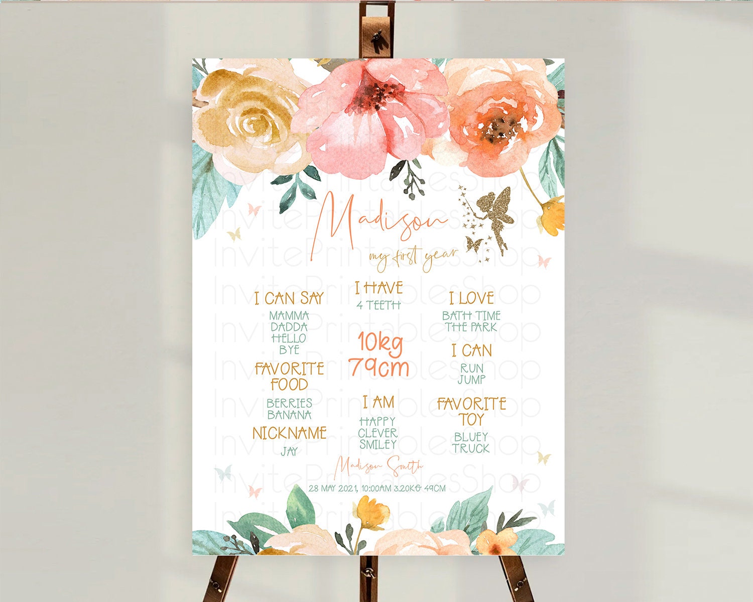 Editable Fairy First Birthday Milestone Poster Fairy Secret Garden Milestone
