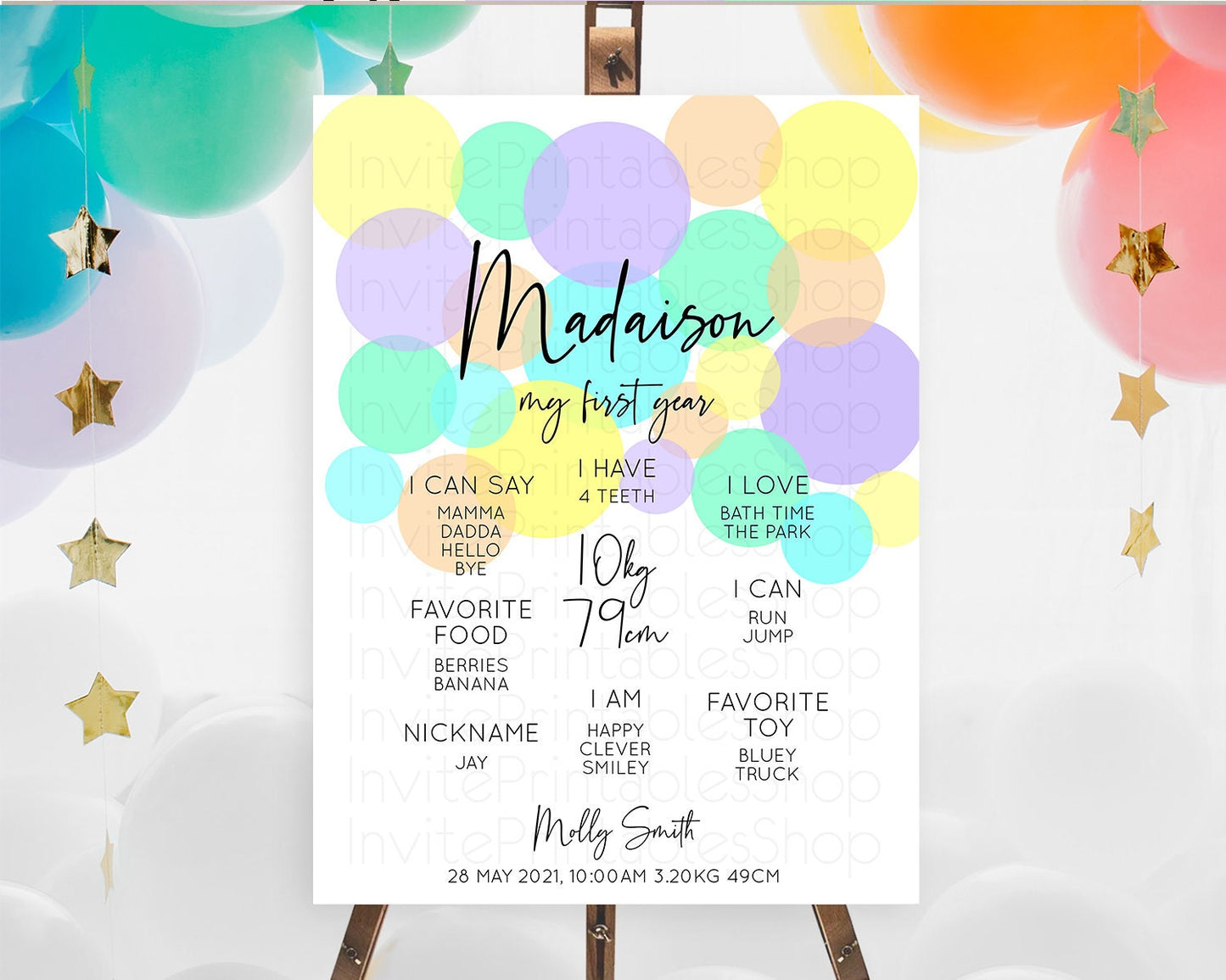 Pastel First Birthday Milestone Poster Pastel Rainbow Confetti First Birthday Milestone Board Colorful Bubbles Birthday Welcome Sign D10415