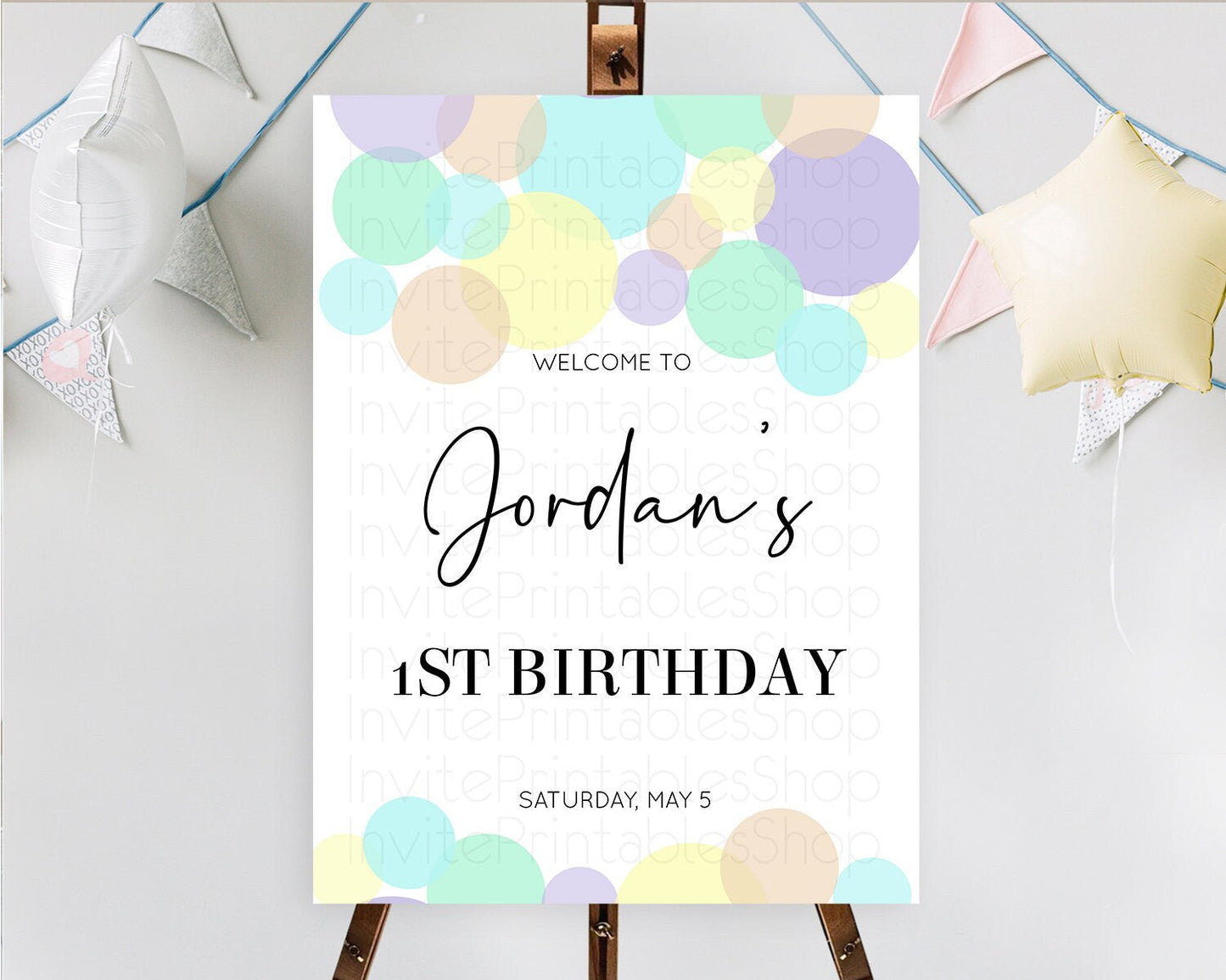 Rainbow Welcome Sign Pastel Welcome Board Pastel Rainbow Confetti Welcome Sign Colorful Bubbles Pastel First Birthday Welcome Sign D10414