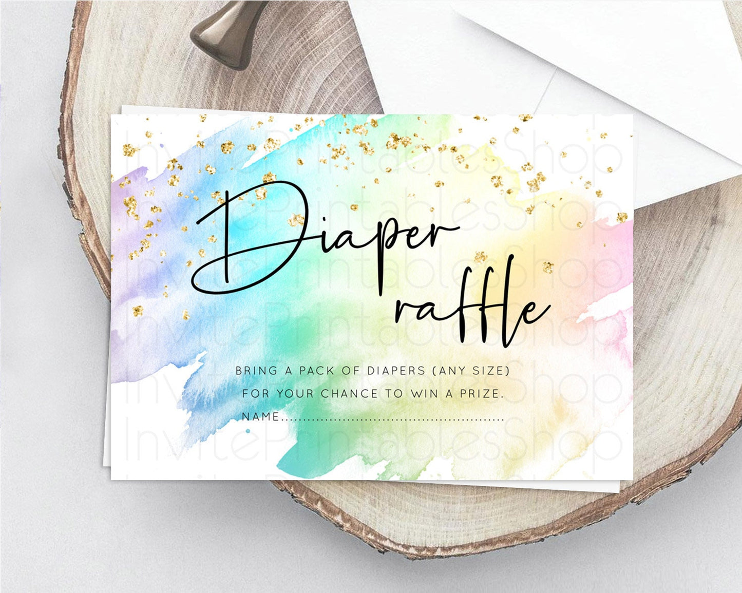 Pastel Diaper Raffle Card Pastel Rainbow Diaper Raffle Insert Colorful Ombre Watercolor Diaper Ticket Confetti Glitter Raffle Game D10279