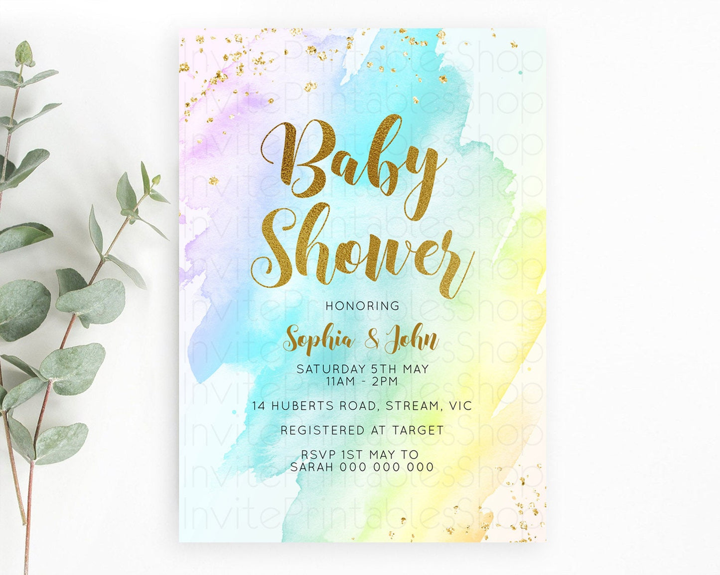 Pastel Baby Shower Invitation Rainbow Baby Shower Invitation Colorful Pastel Watercolor Invitation Gold Glitter Sprinkles Ombre D11026