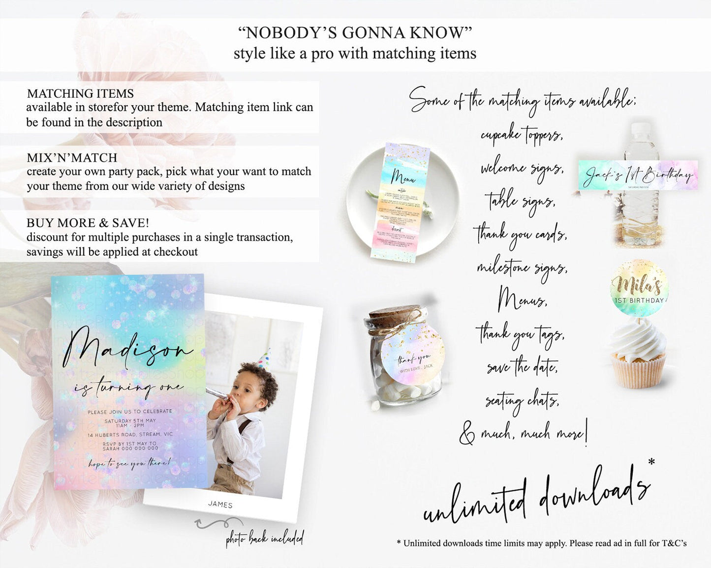 Rainbow Birthday Invitation Colorful Pastel Watercolor Iridescent Glitter Sprinkles Ombre Pastel Invitation 1st 2nd First Birthday D10665