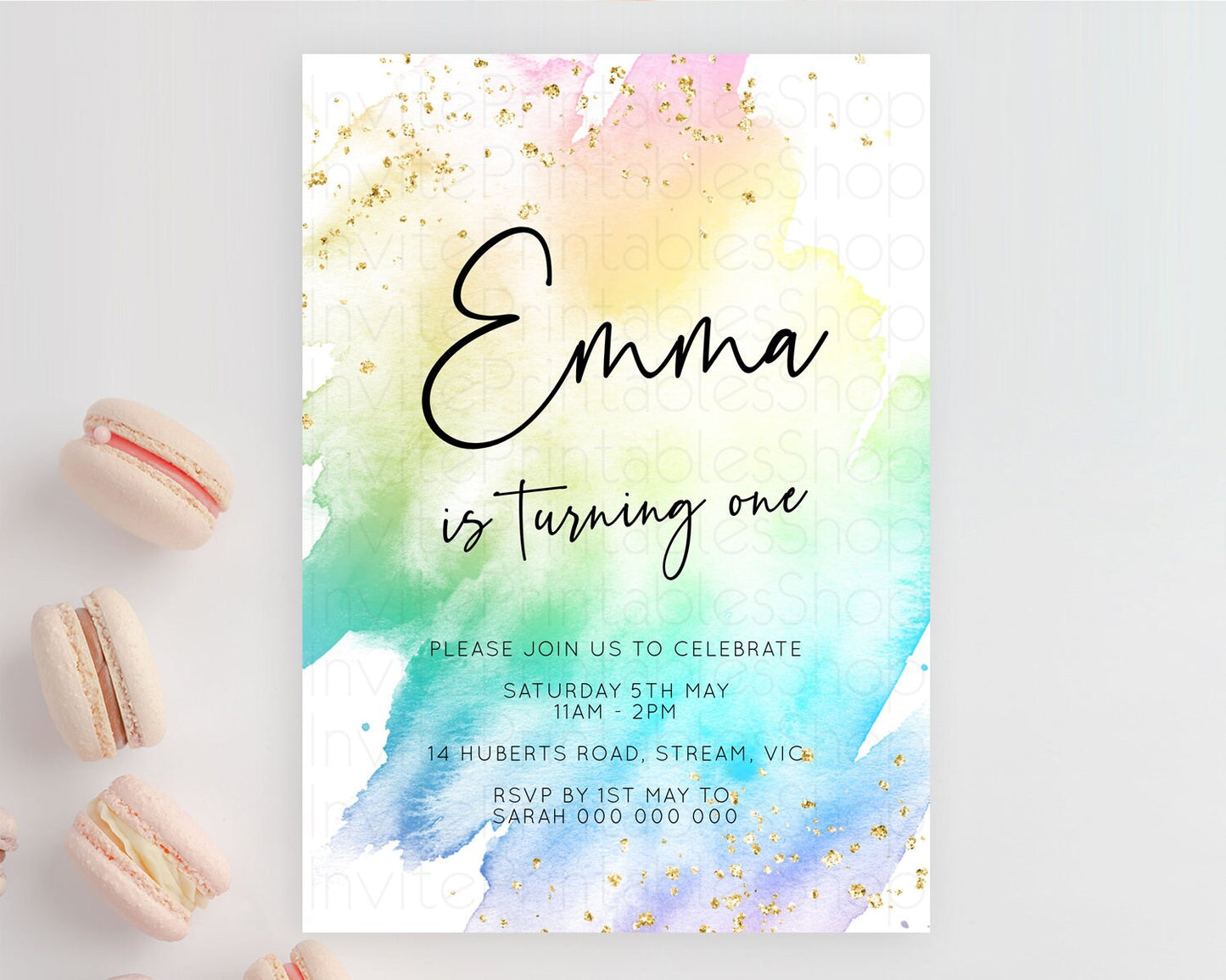 Editable Rainbow Birthday Invitation Colorful Pastel Watercolor Invitation G