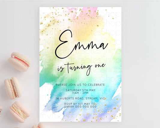 Editable Rainbow Birthday Invitation Colorful Pastel Watercolor Invitation G