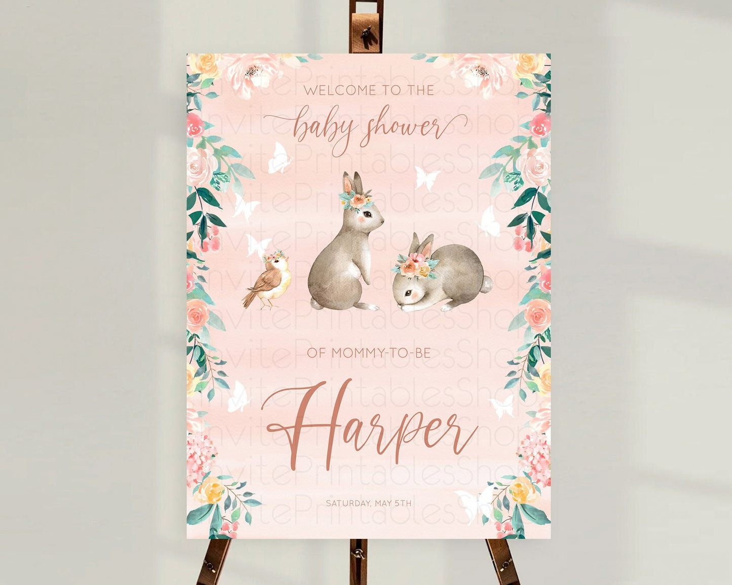 Bunny Baby Shower Welcome Sign Floral Bunny Welcome Board Pastel Flowers Woodland Bunny Welcome Poster Forest Bunny Welcome Sign D10922