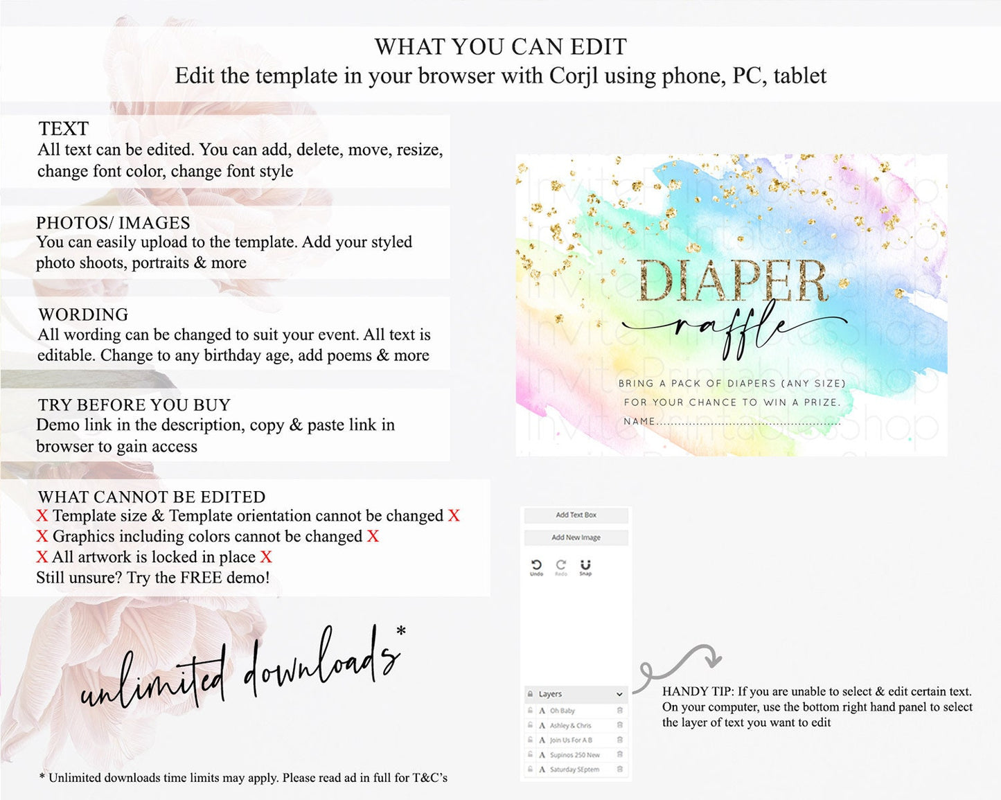 Pastel Diaper Raffle Card Pastel Rainbow Diaper Raffle Insert Colorful Ombre Watercolor Diaper Ticket Confetti Glitter Raffle Game D10640