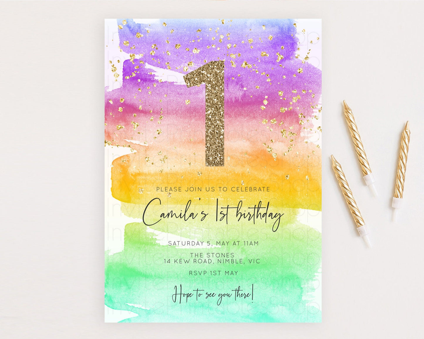 Rainbow Birthday Invitation Colorful Pastel Watercolor Invitation Gold Glitter Sprinkles Ombre Pastel 1st 2nd 3rd Birthday D10524