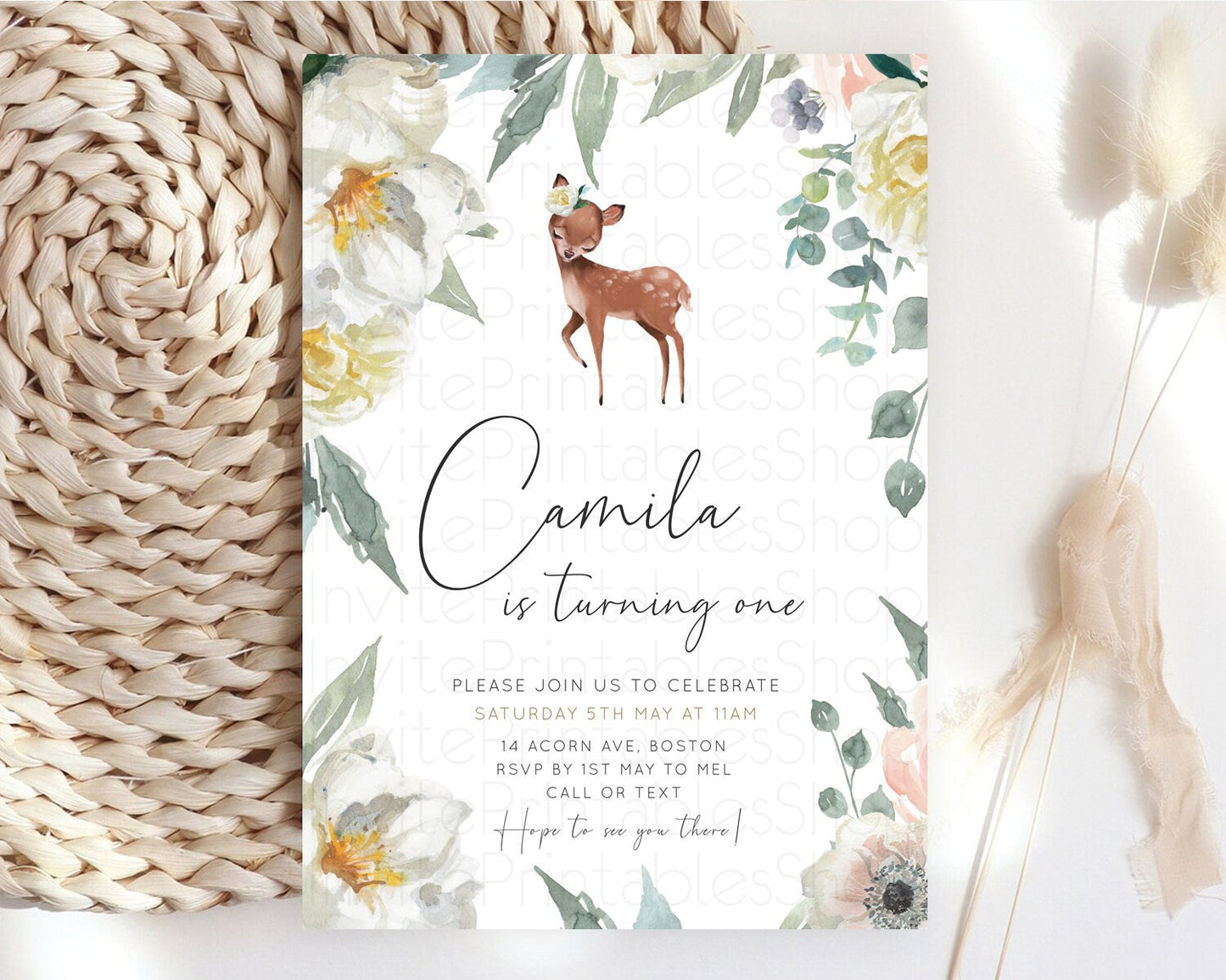 Fawn Birthday Invitation Deer Birthday Invitation Enchanted Forest Party Butterfly Pastel Flowers Whimsical 2nd 1st First Birthday D11030