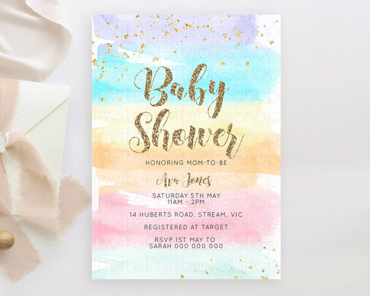 Editable Pastel Baby Shower Invitation Rainbow Baby Shower Invitation Colorf