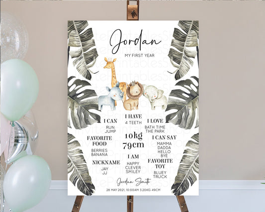 Editable Safari First Birthday Milestone Poster Lion Gorilla Elephant Rhino