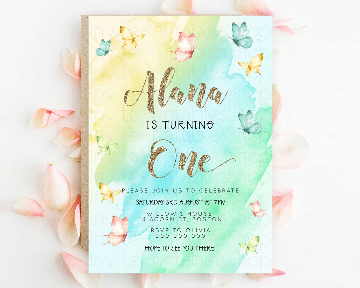 Pastel Butterfly Birthday Invitation Butterfly Birthday Invitation Colorful Splash Glitter Butterfly Garden 1st 2nd Birthday D23242
