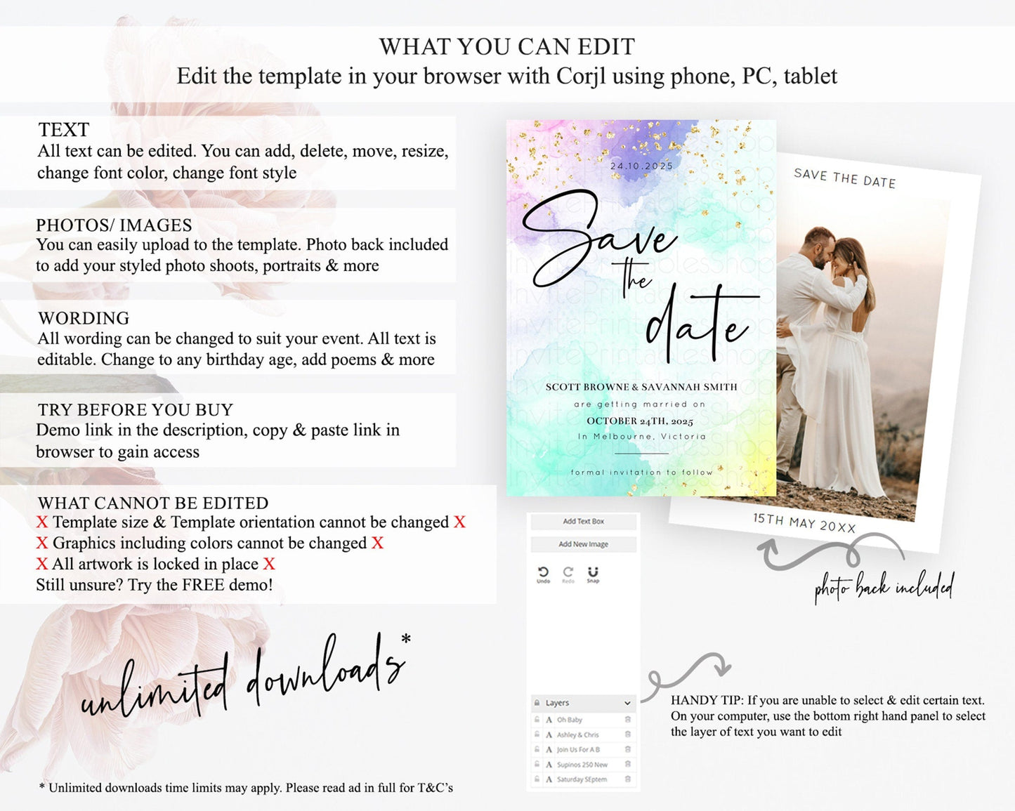 Pastel Save The Date Template Pastel Ombre Rainbow Watercolor Colorful Party For Birthday Baptism Baby Shower Wedding Bridal Shower D10158