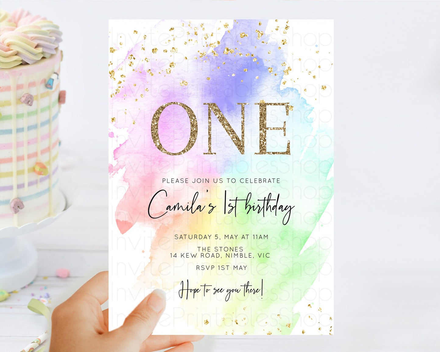 Rainbow Birthday Invitation Colorful Pastel Watercolor Invitation Gold Glitter Sprinkles Ombre Pastel 1st 2nd 3rd Birthday D10316