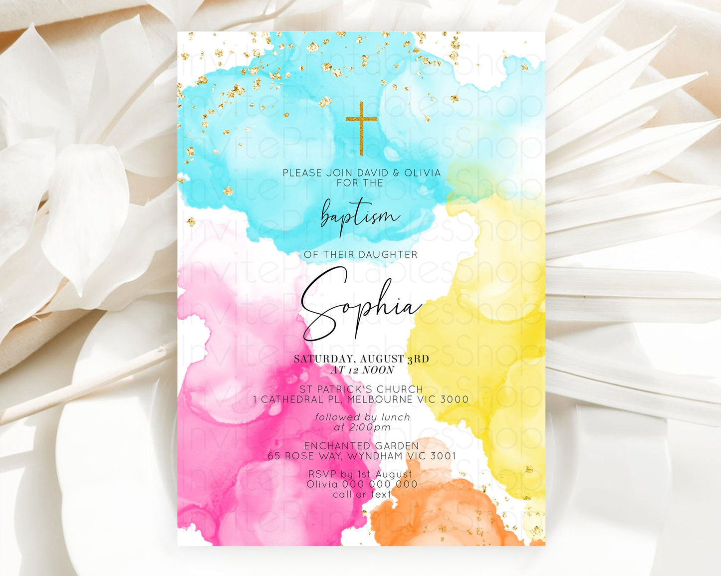 Pastel Baptism Invitation Pastel Colors Watercolor Baptism 1st Birthday Party Gold Ombre Pastel Rainbow Christening Holy Communion D10898