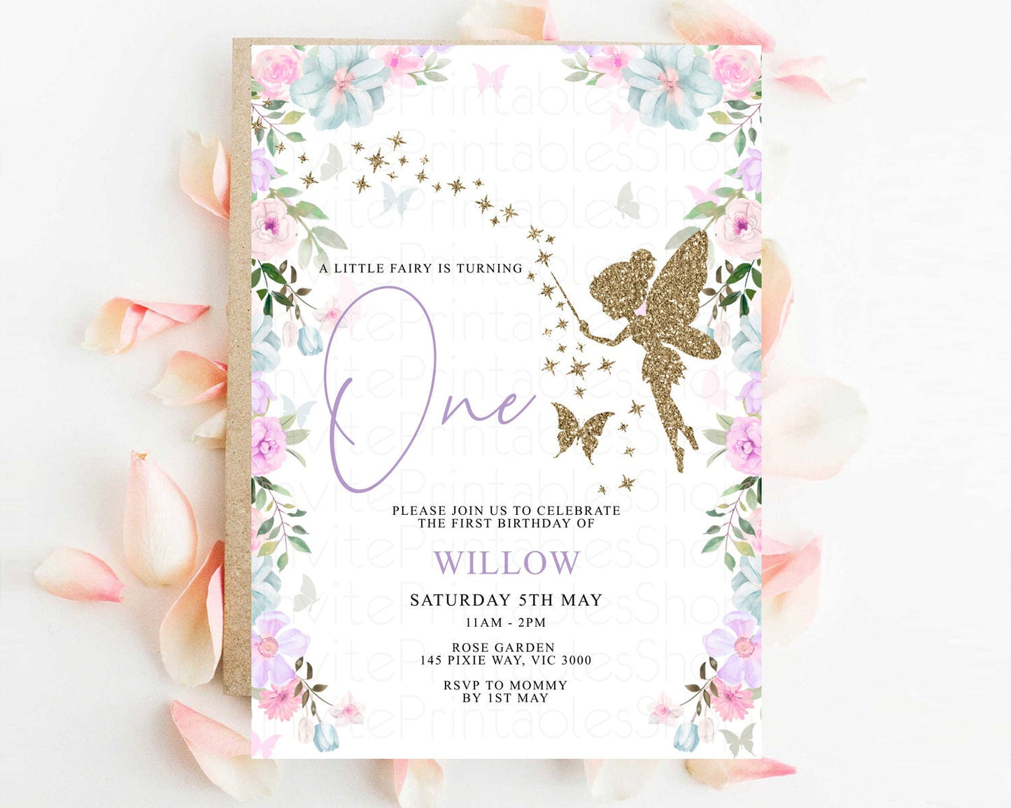 Fairy Birthday Invitation Glitter Fairy Invitation Enchanted Garden Invite Secret Garden Pastel Floral Invite Butterfly 1st 2nd 3rd 513V3