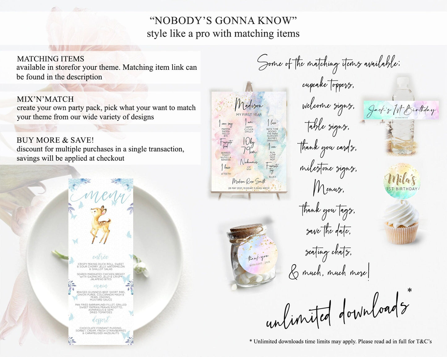 Fawn Menu Deer Menu Template Pastel Floral Deer Table Decor Enchanted Forest Butterfly Floral Dinner Dessert Menu Party Food Menu D10917