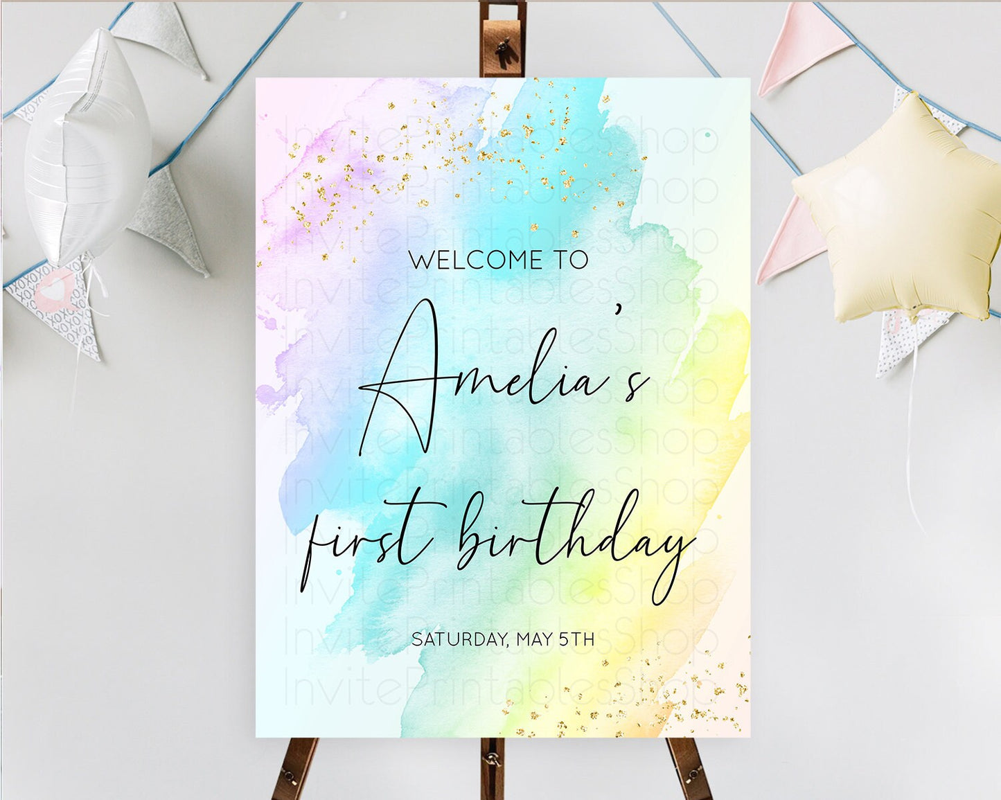 Pastel Welcome Sign Pastel Rainbow Welcome Sign Colorful Rainbow Confetti Watercolor Glitter Pastel First Birthday Welcome Sign D10773