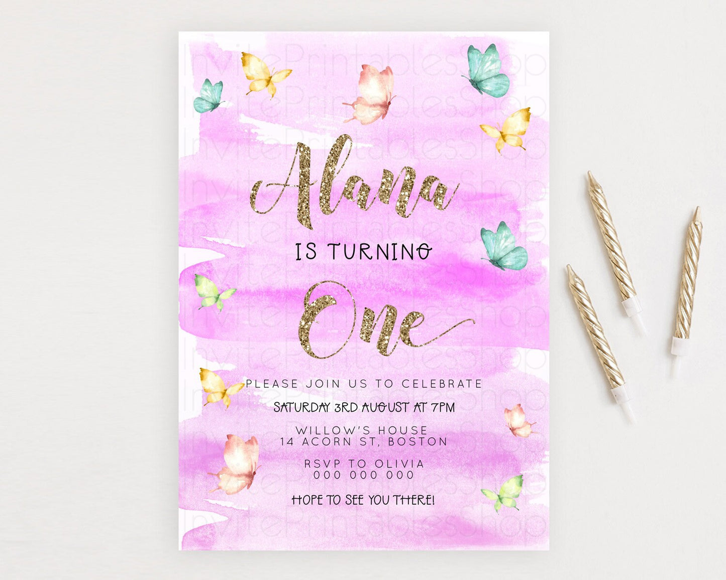 Pastel Butterfly Birthday Invitation Butterfly Birthday Invitation Colorful Splash Glitter Butterfly Garden 1st 2nd Birthday D23232