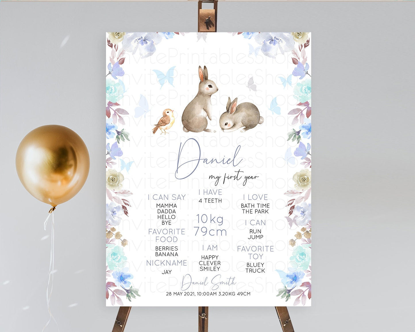 Bunny First Birthday Milestone Board Floral Bunny Milestone Poster Pastel Flowers Woodland Bunny Milestone 1st Birthday Welcome Sign D10927